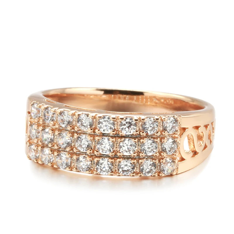Kinel New 585 Rose Gold Ring Women Three Rows Micro-wax Inlay Natural Zircon Hollow Trendy Rings Fine Wedding Party Jewelry 2021