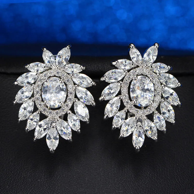 Luxury Feather Shape White Gold Plated Cubic Zirconia Bridal Stud Earrings for Women