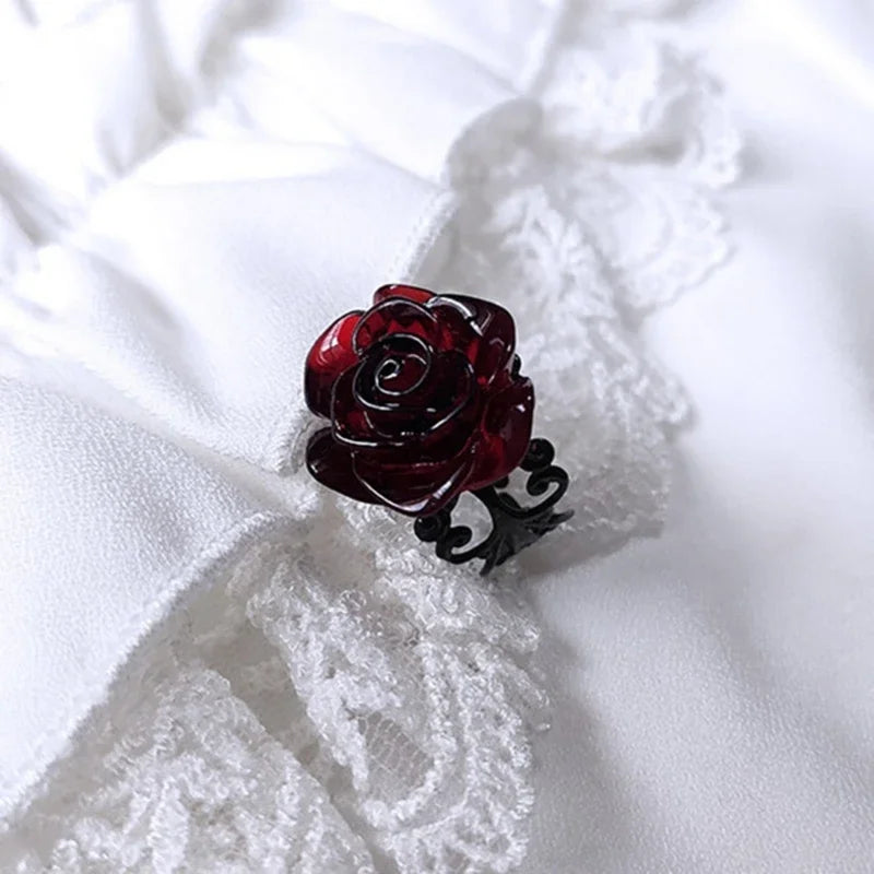 Punk Gothic Red Rose Rings Adjustable Hollow Rings for Women Witch Pagan Vintage Halloween Cool Girl Gift Party Jewelry Gift
