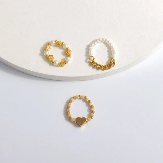 Trendy Cute Bohemia Pearl Flower Acrylic Beaded Rings Party Jewelry Finger Ring Set Women Ring