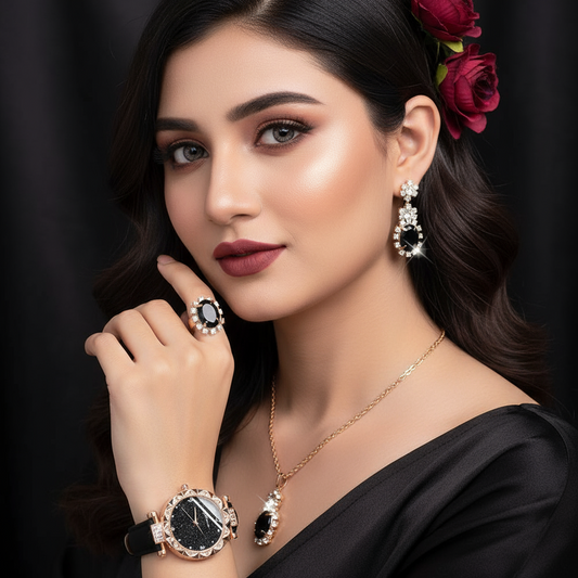 Zenat 5Pcs Set Luxury Rhinestone Watch Quartz Bracelet Set