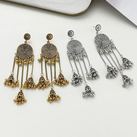 Ethnic Style Retro Geometric Round Bead Bells Tassel Long Dangling Earrings Women Indian Jhumka Jewelry