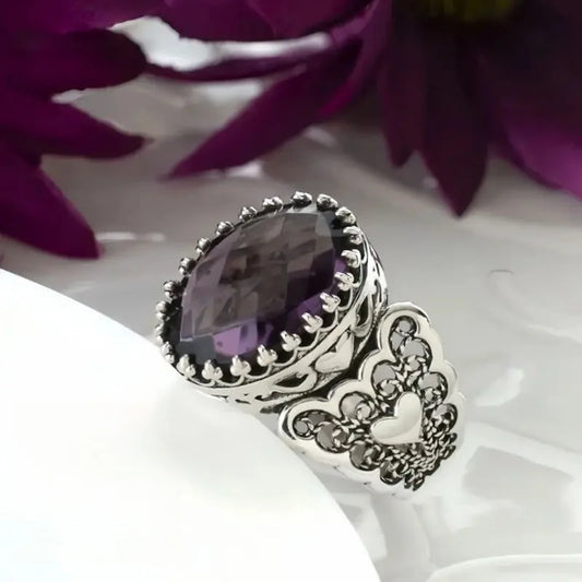 Vintage Silver Color Rings for Women Trendy Inlaid with Purple Stone Round Flower Personalized Creativity Party Rings Jewelry