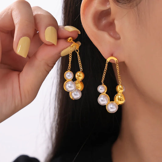 Gorgeous Round Earrings For Women Stainless Steel Vintage Pearl Pendant Gold Plated Waterproof Ear Stud Charm Jewelry Gift