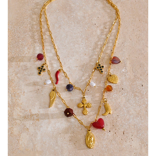 Yhpup Double-Layer Chain Heart Cross Religious Drop Stacking Charm Pendant Necklace 18K Golden Stainless Steel Statement Jewelry