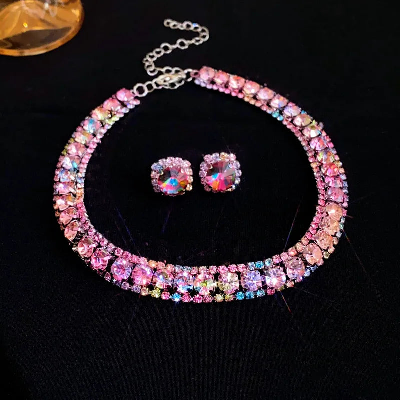 Luxury Green Rhinestone Necklace Stud Earrings For Women Crystal Choker Necklaces Ladies Fashion Weddings Banquet Jewelry Set