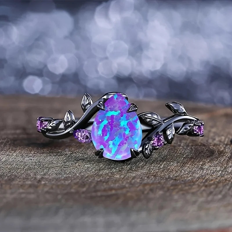 Elegant and Luxurious Synthetic Opal Vine Leaf Engagement Wedding Ring Wedding Jewelry Accessory Valentine's Day Gift