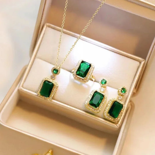 Zenat Exquisite Emerald Necklace Earrings Ring 3 Piece Set