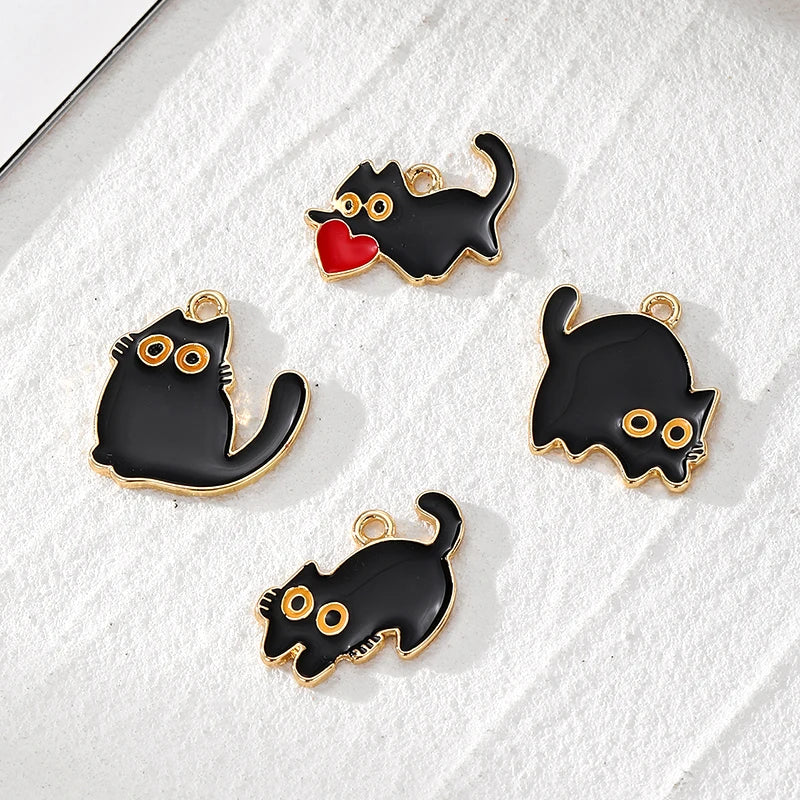 10pcs Original Alloy Enamel Black Cat Charms Cute Heart Kitten Pendant For Bracelet Earring Necklace Diy Jewelry Make