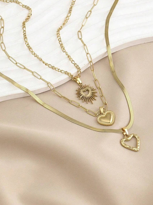 3 Pcs Fashion Bohemia Heart Pendant Chain Layered Necklace for Women Summer Beach Simple Copper Metal Necklace Jewelry Gift 2024