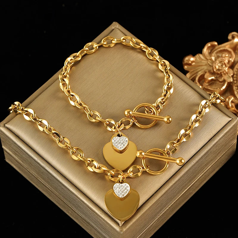 EILIECK New Fashion Stainless Steel Metal Double Heart Necklace Bracelet For Women Fashion Waterproof 3-Color Jewelry Set Gift