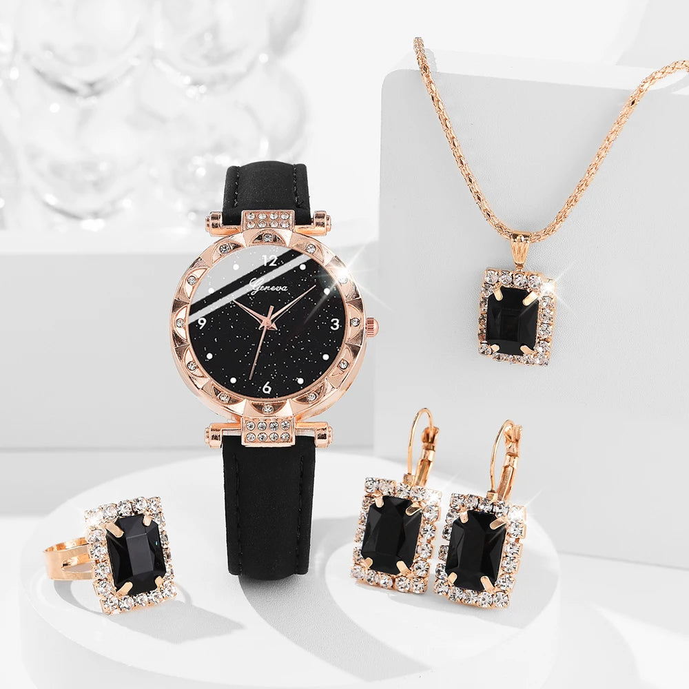 Zenat 5Pcs Set Luxury Rhinestone Watch Quartz Bracelet Set