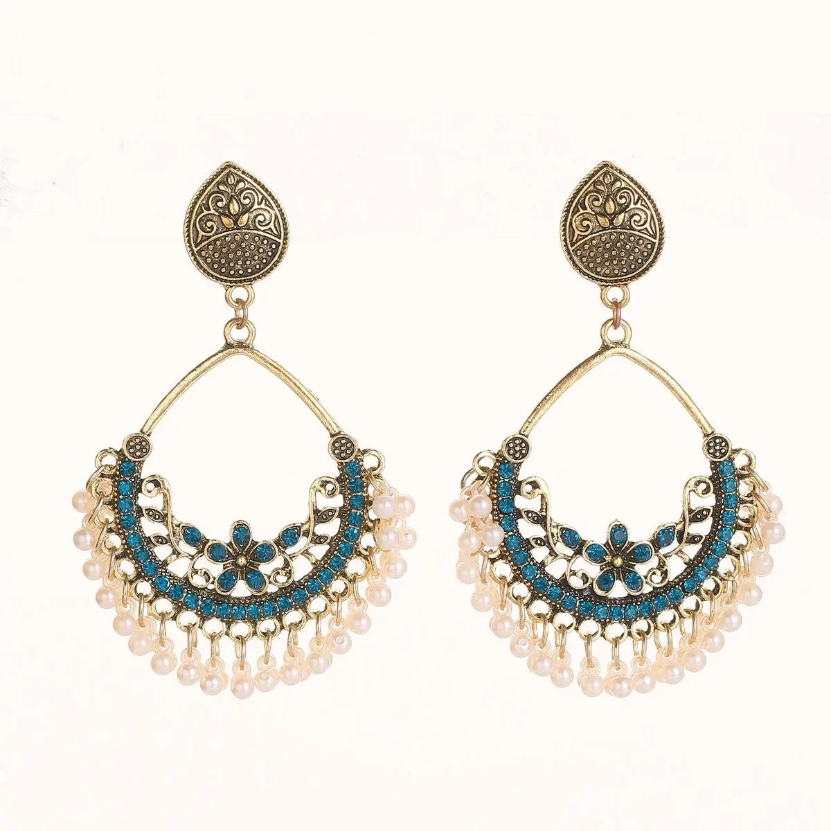 Ethnic Retro Green Sector Carved Turkish Jhumka Earrings For Women Indian Jewelry Pearl Tassel Earrings