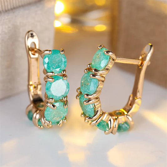 Pink Green Aqua Blue Ice Flower Zircon Hoop Earrings For Women Vintage Gold Color Wedding Jewelry Christmas Gifts