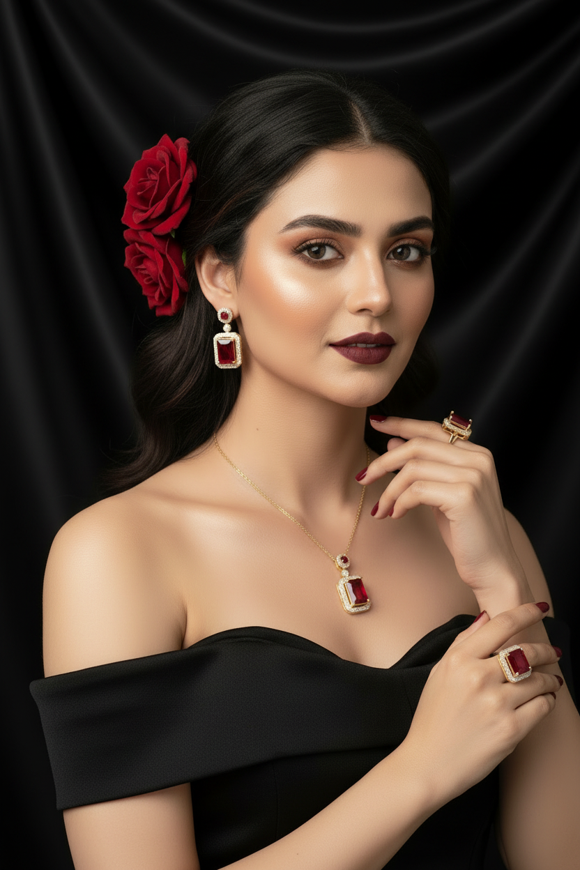 Zenat Exquisite Emerald Necklace Earrings Ring 3 Piece Set