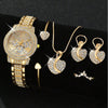 Women's Quartz Watch Gold Luxury Women Ring Necklace Earring Rhinestone Fashion Wristwatch Casual Ladies Watches Jewelry Set 