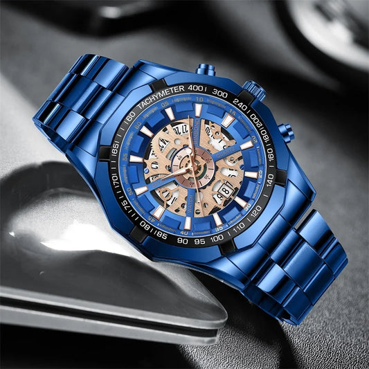 2025 Mens Quartz Watches Top Brand Luxury Stainless Steel Waterproof Hollow Out Blue Big Male Wristwatches Relogio Masculino