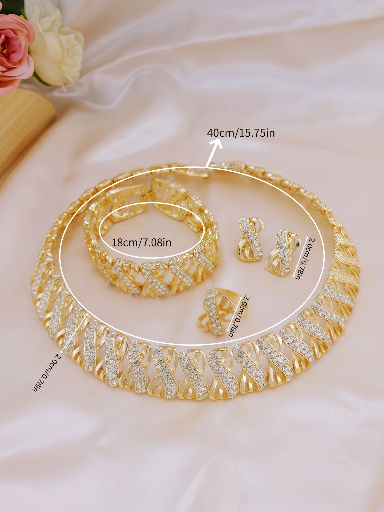 5 Piece Traditional Bridal Jewelry Set 18k Gold Plated Stylish Bow Infinity Design with Rhinestones to match your everyday outfi