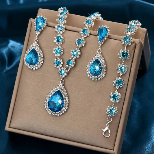 Minimalist Water drops Jewelry Set for Women Crystal Necklace Bracelet Earrings Set Gift Banquet Wedding Anniversary Accessories