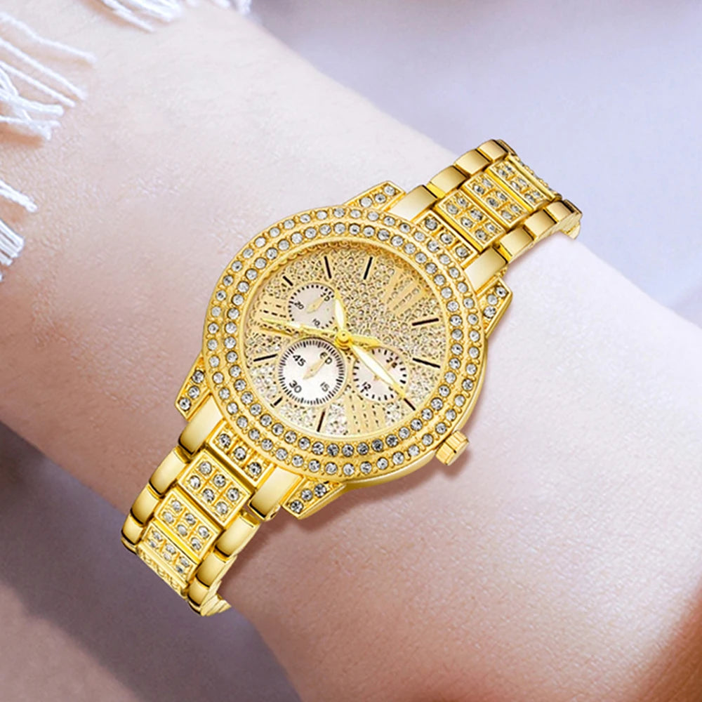 Zenat Quartz Watch Gold Luxury Ring Necklace Earring Set
