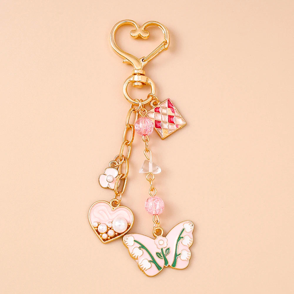 Cute Enamel Flower Butterfly Keychain Women Girls Love Heart Key Ring Pendants Handbag Decor DIY Handmade Jewelry Gifts