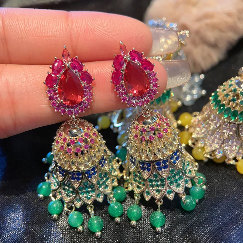 New Indian Jhumka Jhumki National Personality Style Bell Colorful Cubic Zirconia Tassel Earrings Women Jewelry Bohemian Earrings