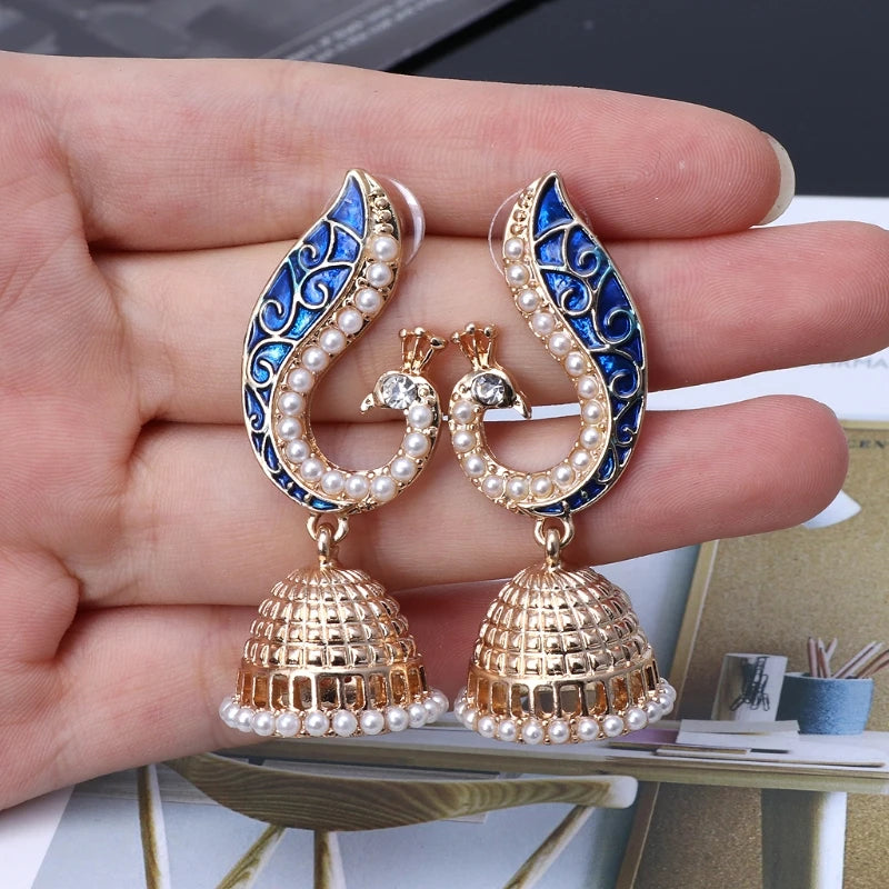 Retro Indian Bollywood Kundan Peacock Jhumka Jhumki Drop Earrings Imitation Pearls Women Gypsy Jewelry