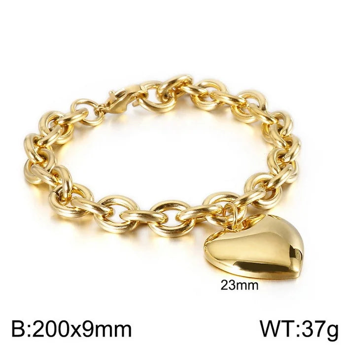 8mm Waterproof Stainless Steel Polished Heart Bracelet and Necklace Set Minimalist Gold Plated Link Chain Trendy Jewelry