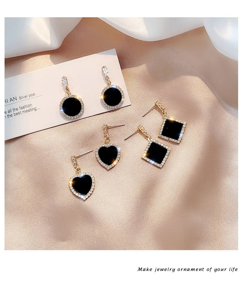 LATS Trend Rhinestone Geometric Drop Earrings for Women Korean Fashion Black Color Dangle Earring 2021 Female Elegant Jewelry