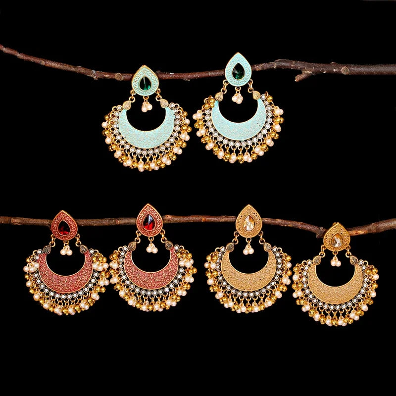 Ethnic Retro Green Sector Carved Turkish Jhumka Earrings For Women Indian Jewelry Pearl Tassel Earrings