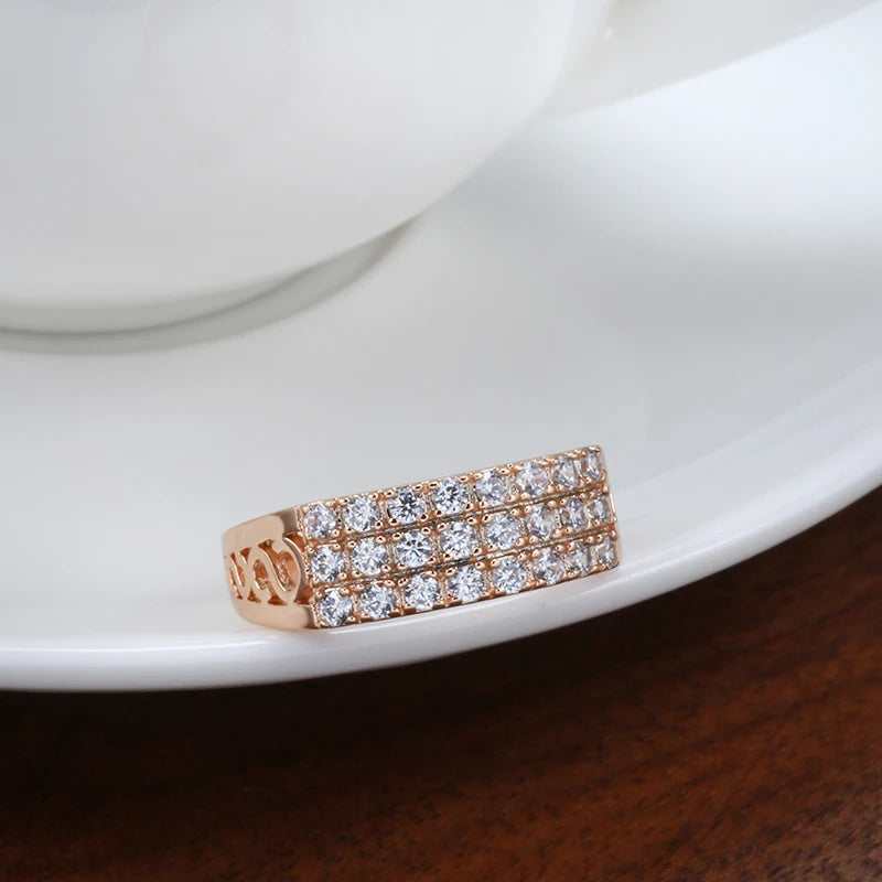 Kinel New 585 Rose Gold Ring Women Three Rows Micro-wax Inlay Natural Zircon Hollow Trendy Rings Fine Wedding Party Jewelry 2021