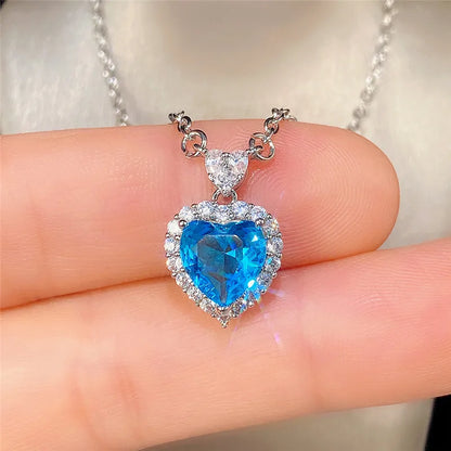 Huitan Vintage Red/Blue Heart Love Necklace for Women Luxury Inlay Bling Cubic Zirconia Elegant Lady's Accessories Party Jewelry