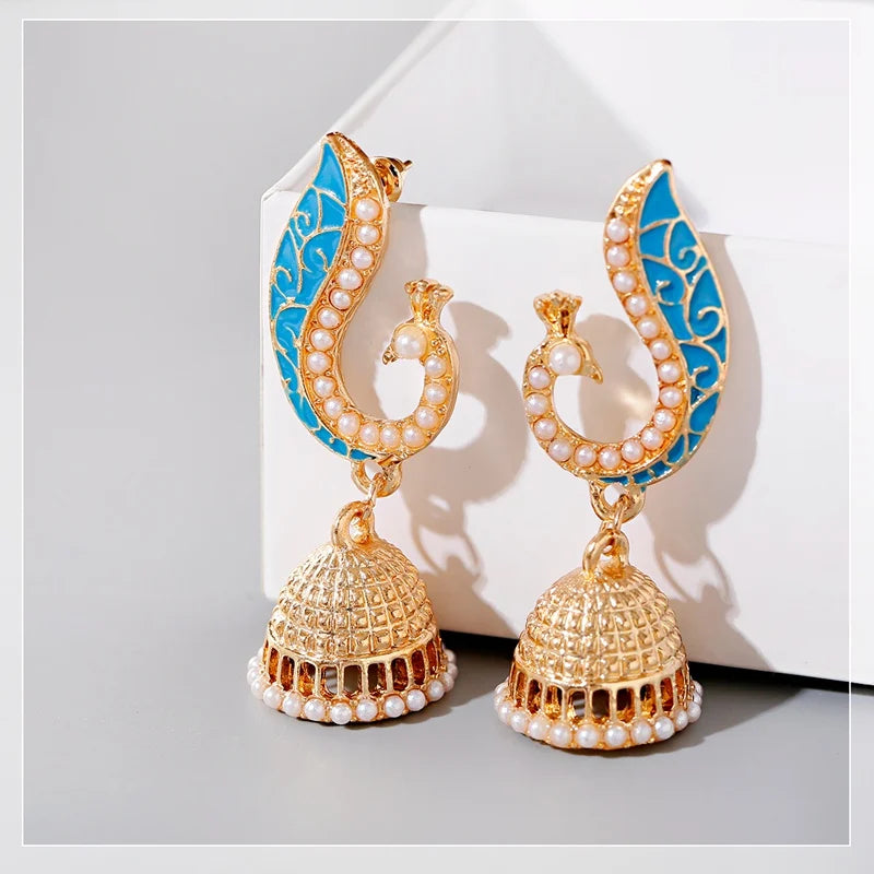 Ethnic Women's Peacock Indian Jewelry Gypsy Vintage Tribe Imitation Pearls Tassel Jhumka Earrings Fashion Jewelry