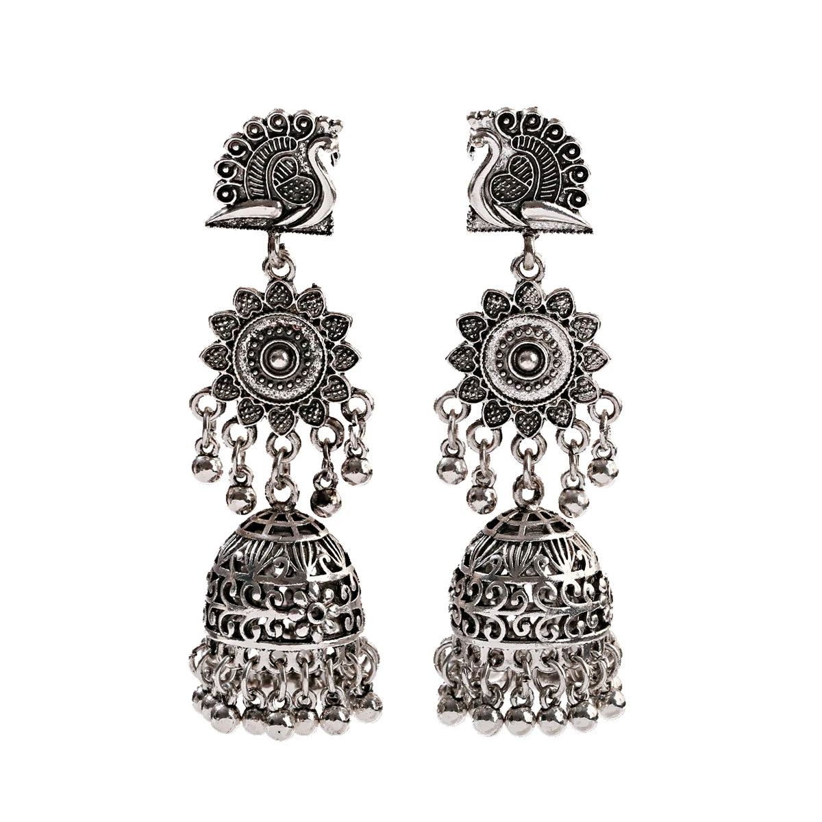 Retro Peacock Flower Afghan Jhumka Indian Earrings For Women Oorbellen Gypsy Jewelry Ethnic Bells Tassel Earrings