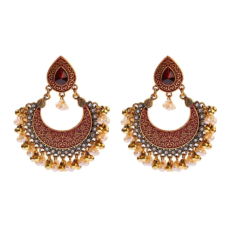 Ethnic Retro Green Sector Carved Turkish Jhumka Earrings For Women Indian Jewelry Pearl Tassel Earrings