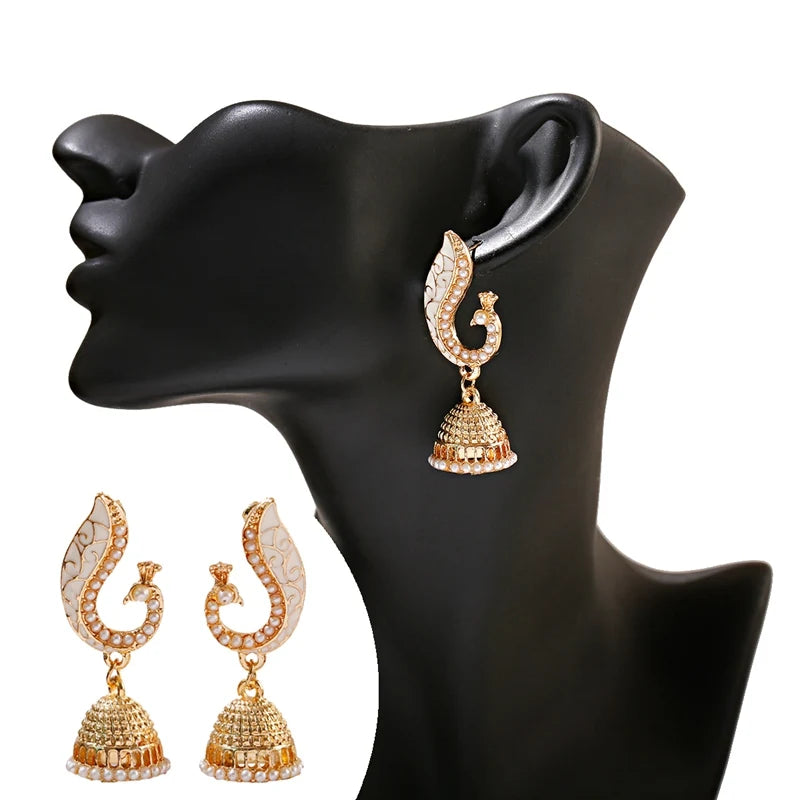 Ethnic Women's Peacock Indian Jewelry Gypsy Vintage Tribe Imitation Pearls Tassel Jhumka Earrings Fashion Jewelry