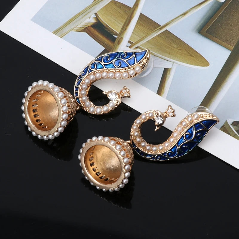 Retro Indian Bollywood Kundan Peacock Jhumka Jhumki Drop Earrings Imitation Pearls Women Gypsy Jewelry