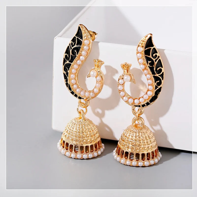 Ethnic Women's Peacock Indian Jewelry Gypsy Vintage Tribe Imitation Pearls Tassel Jhumka Earrings Fashion Jewelry