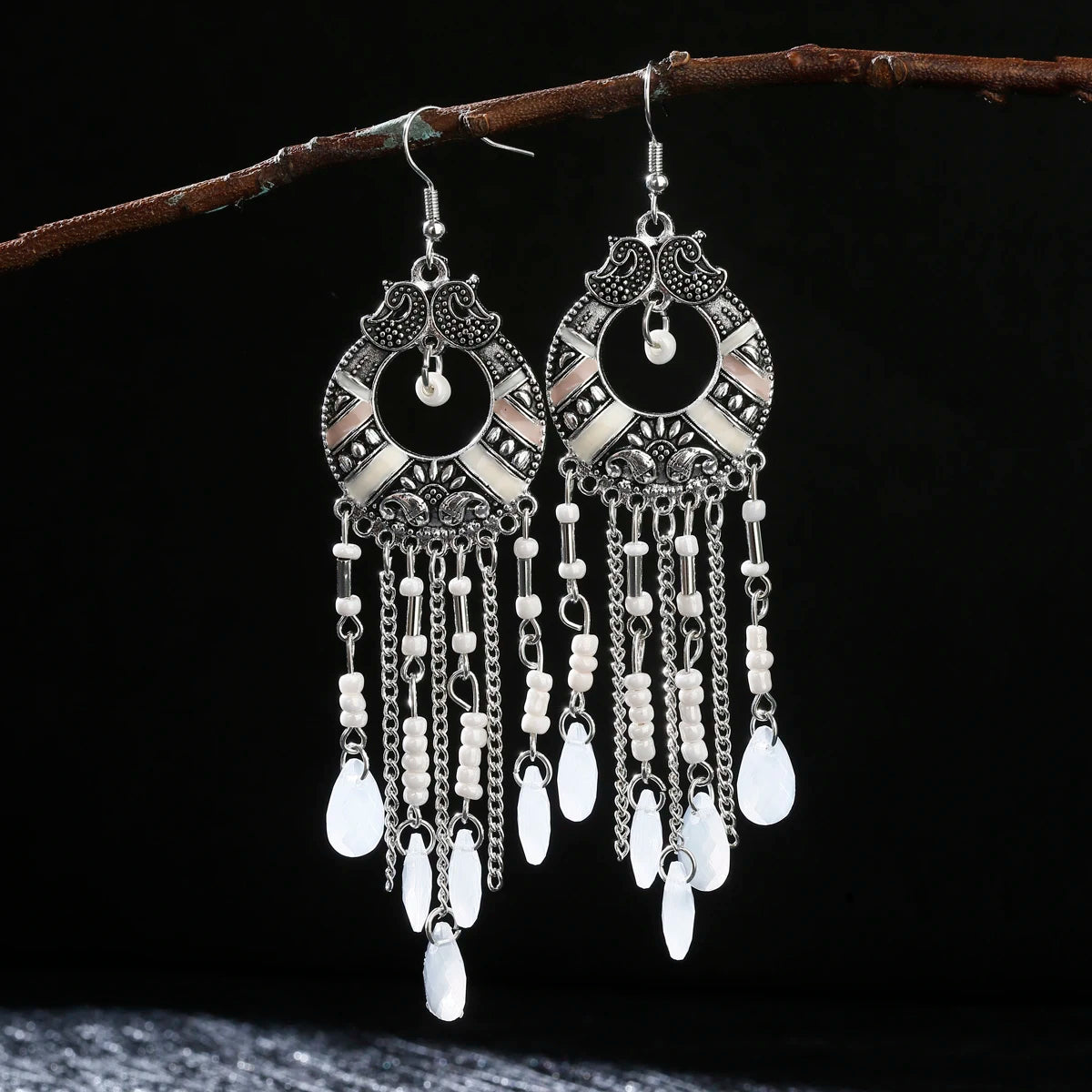 2020 Vintage Ethnic Bohemian White Beads Jhumka Earrings Geometric Metal Tassel Indian Earrings Tibetan Jewelry