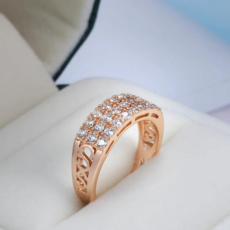 Kinel New 585 Rose Gold Ring Women Three Rows Micro-wax Inlay Natural Zircon Hollow Trendy Rings Fine Wedding Party Jewelry 2021