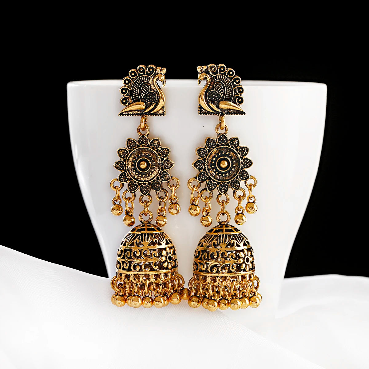 Retro Peacock Flower Afghan Jhumka Indian Earrings For Women Oorbellen Gypsy Jewelry Ethnic Bells Tassel Earrings