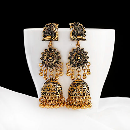Retro Peacock Flower Afghan Jhumka Indian Earrings For Women Oorbellen Gypsy Jewelry Ethnic Bells Tassel Earrings