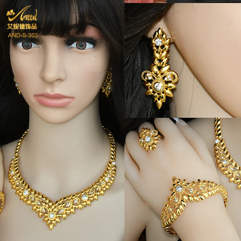 ANIID Dubai Jewelry Sets Gold Color 24k Luxury Big African Nigerian Necklace Bracelets Earring Ring For Wedding Jewelri Party