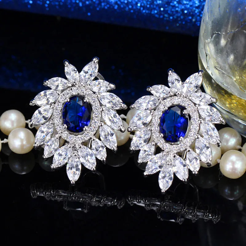 Luxury Feather Shape White Gold Plated Cubic Zirconia Bridal Stud Earrings for Women