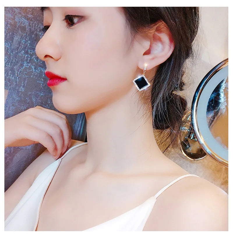 LATS Trend Rhinestone Geometric Drop Earrings for Women Korean Fashion Black Color Dangle Earring 2021 Female Elegant Jewelry