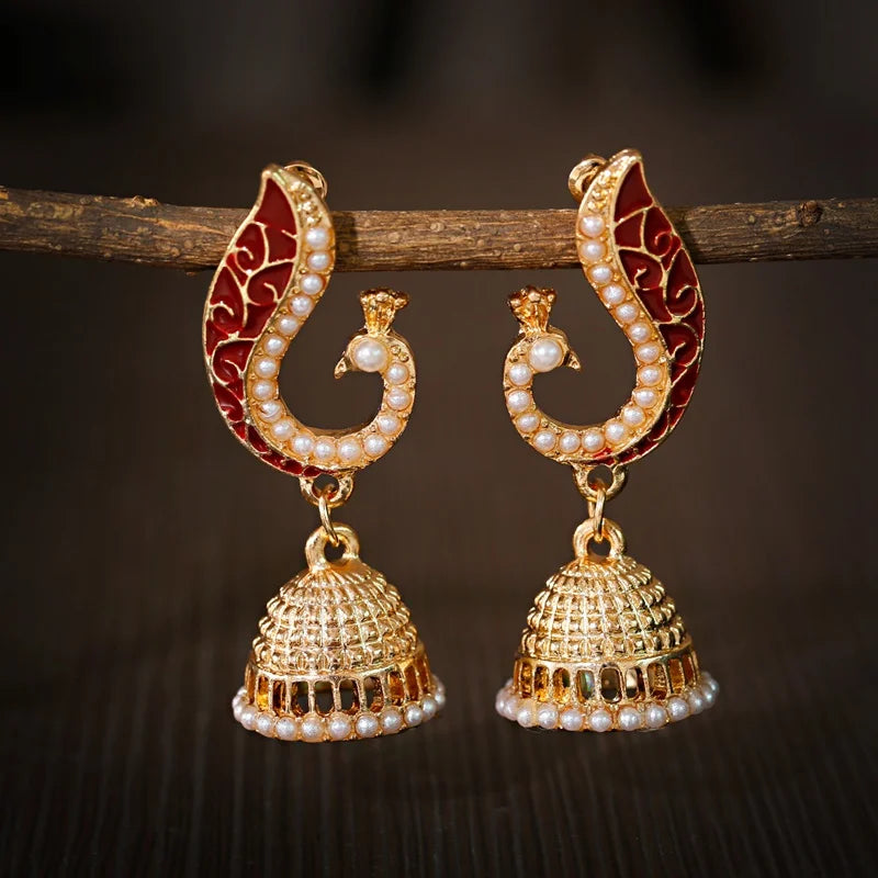 Ethnic Women's Peacock Indian Jewelry Gypsy Vintage Tribe Imitation Pearls Tassel Jhumka Earrings Fashion Jewelry