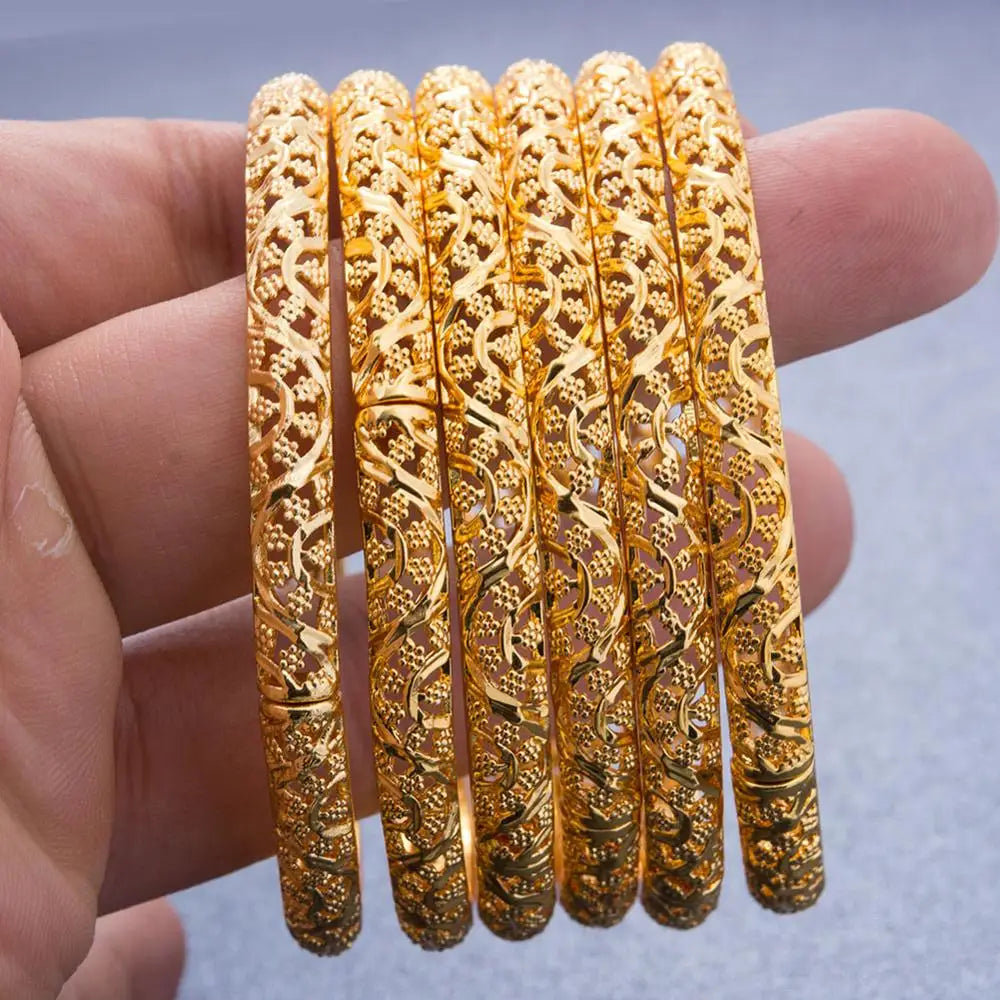 24k 6Pcs Gold Color Dubai India Bangles For Women African Bridal Bangles Bracelets Gold Wedding Bangles Jewellery Gifts