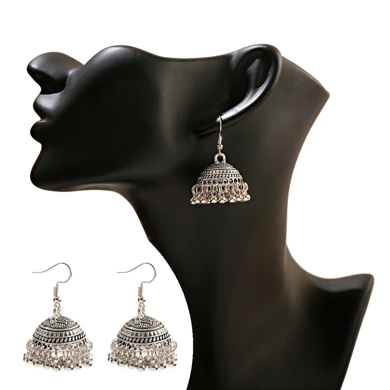 Tibetan Jewelry Silver Color India Geometric Hanging Dangle Drop Earrings Bohemia Bells Jhumka Earrings