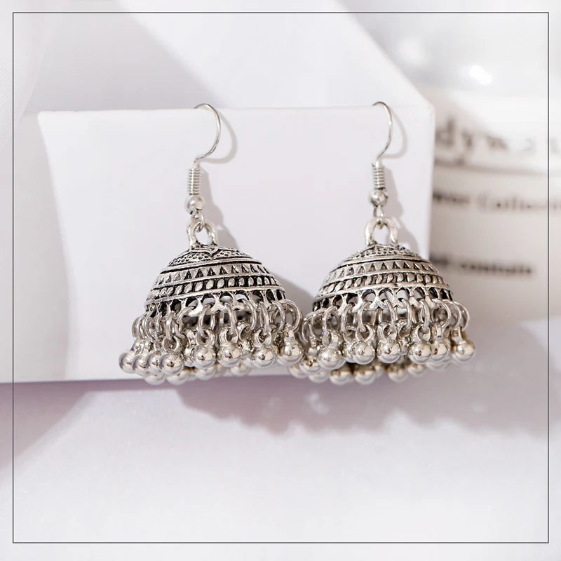 Tibetan Jewelry Silver Color India Geometric Hanging Dangle Drop Earrings Bohemia Bells Jhumka Earrings