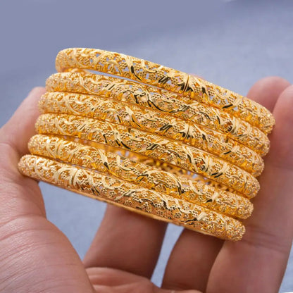 24k 6Pcs Gold Color Dubai India Bangles For Women African Bridal Bangles Bracelets Gold Wedding Bangles Jewellery Gifts